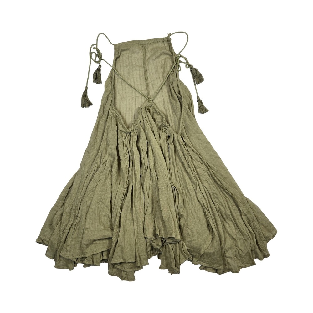 Free People Boho XS Mini Dress Olive Green Gauze Tassel Backless Oversized Fairy